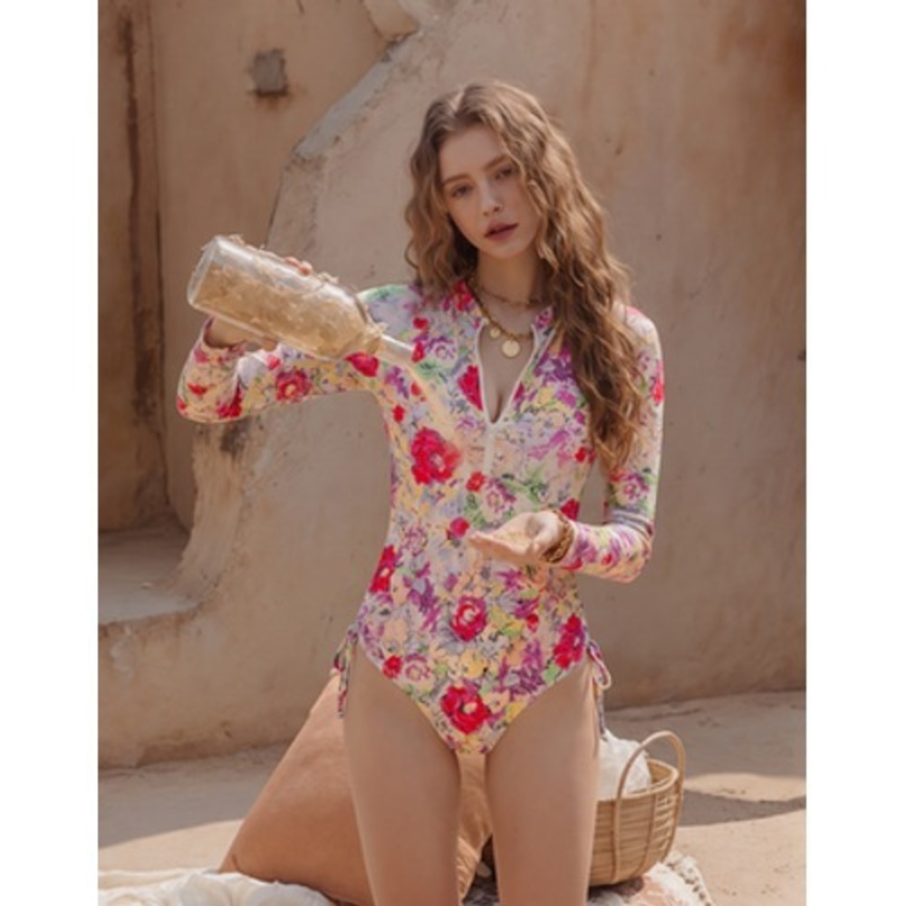 Zimmermann Small Multicolor Floral Long Sleeve Zip One Piece - Picture 1 of 10